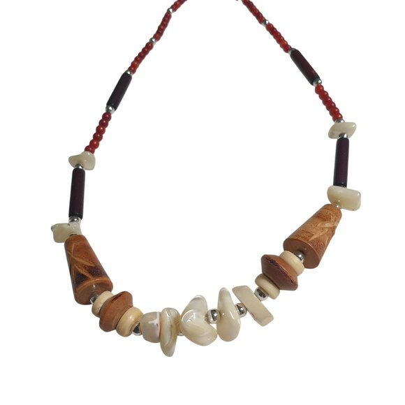 Unique Handmade Natural Beaded Necklace Red Wood Shell Vintage Boho Beach Core - Picture 2 of 5
